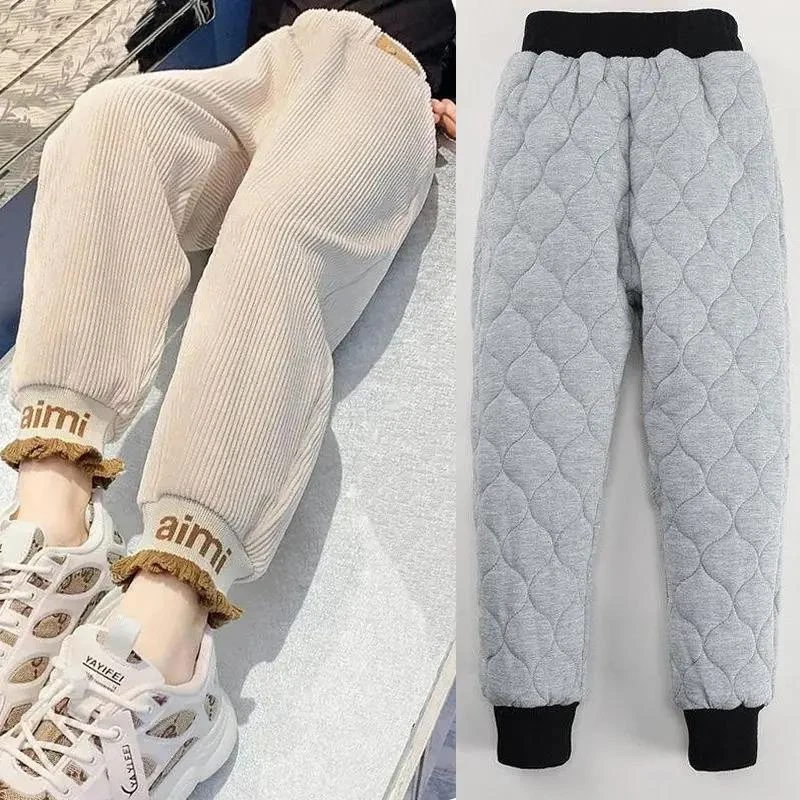 精品童装女童棉裤一条过冬季加绒加厚三层夹棉裤中大童冬装一体灯
