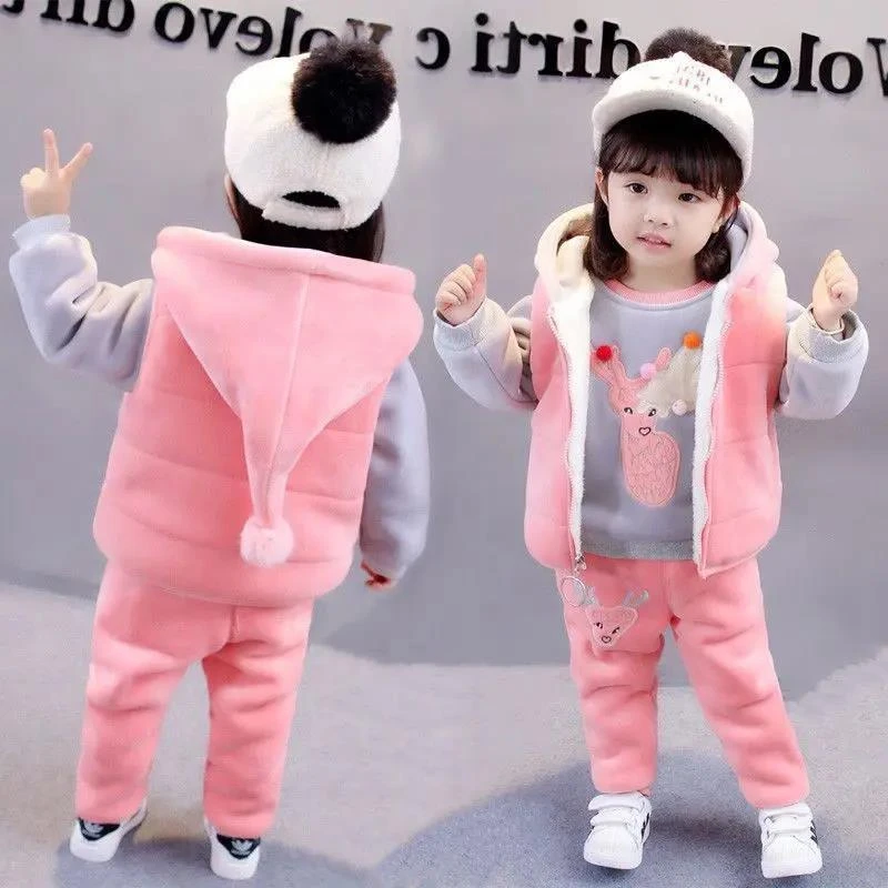 女童装0女宝宝小童洋气冬装2婴儿童衣服加绒加厚卫衣1三件套装