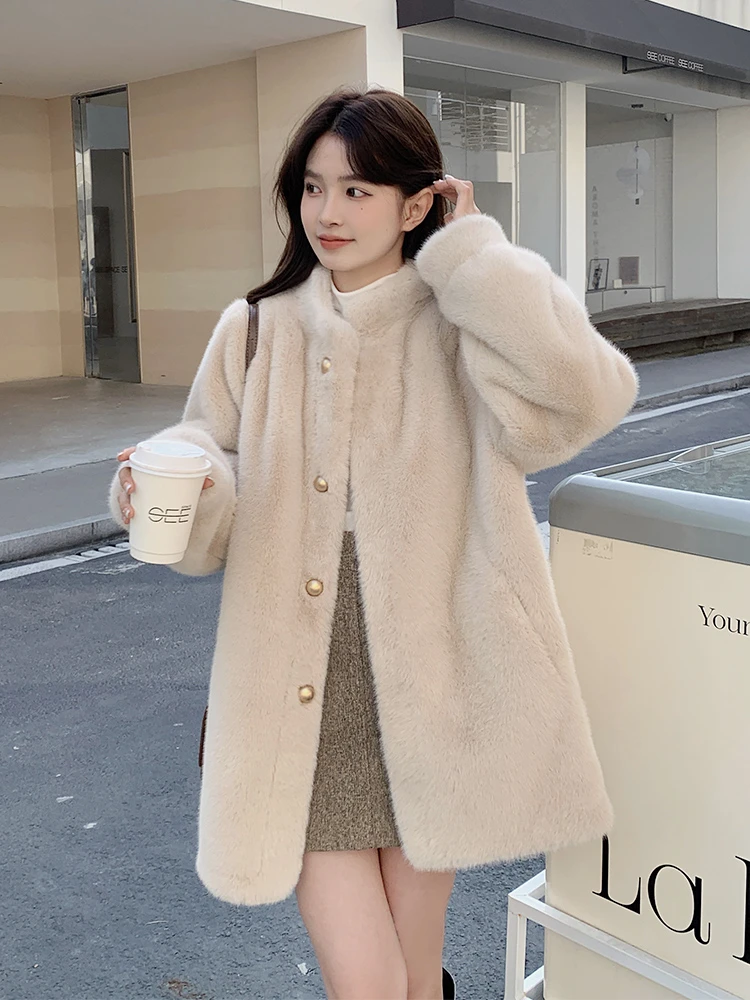 2023冬季新款外套女立领皮休闲质名媛大衣女士