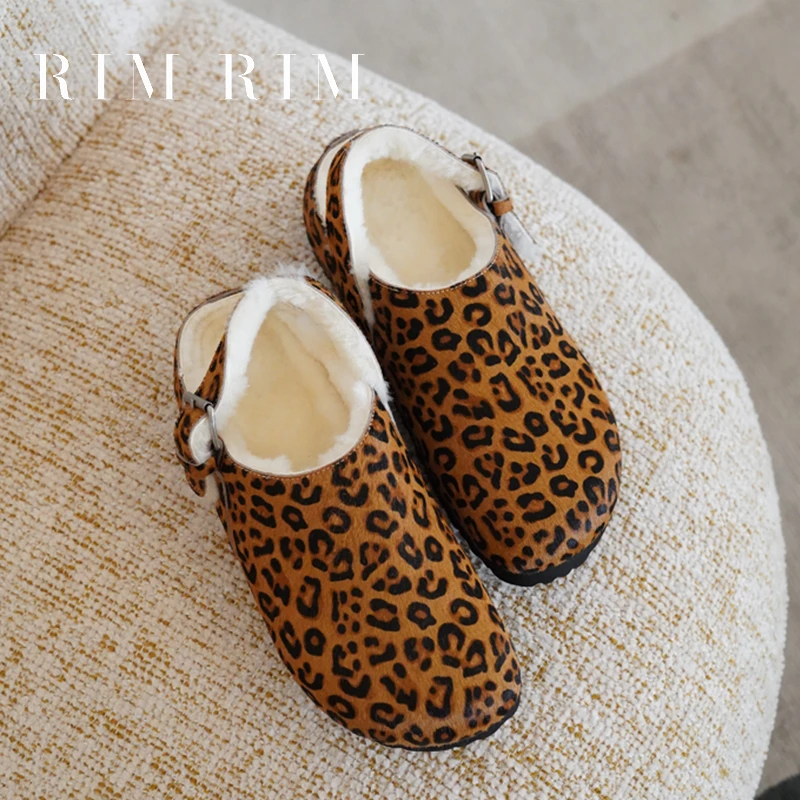 RIM RIM勃肯鞋一脚蹬马毛拖鞋女外穿懒人博肯鞋毛毛鞋豹纹保暖