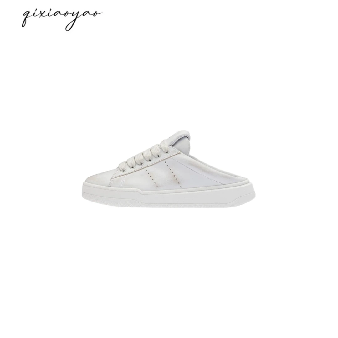 QIXIAOYAO 2024新款低帮皮革系带脏脏小白鞋#QSLXXH5261