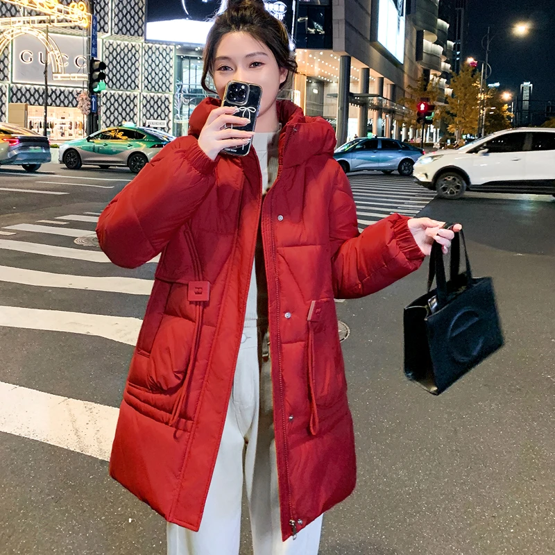 连帽加厚面包服棉服外套韩版保暖棉衣中长款女拼接红色