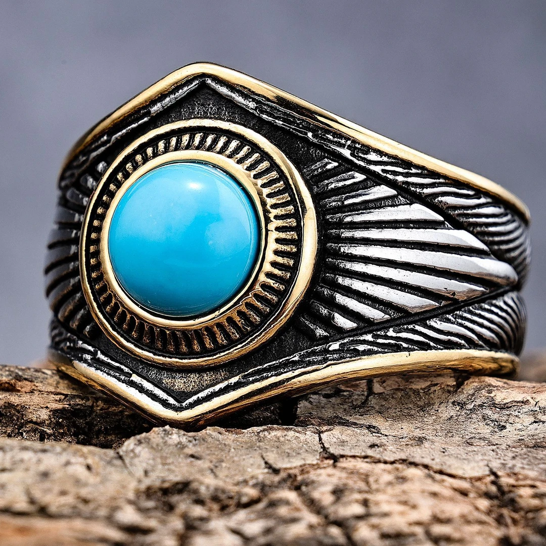 钛钢戒指 朋克风时尚欧美复古镶嵌蓝石八芒星戒指个性印第安风格