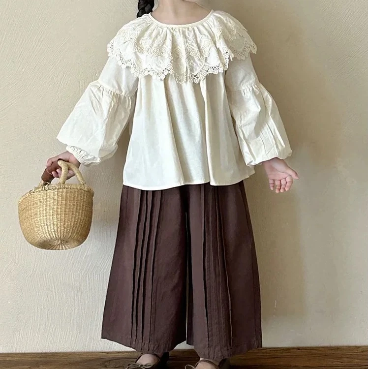 女童春秋新款套装洋气女宝宝纯色花边领长袖上衣儿童两件套百搭款