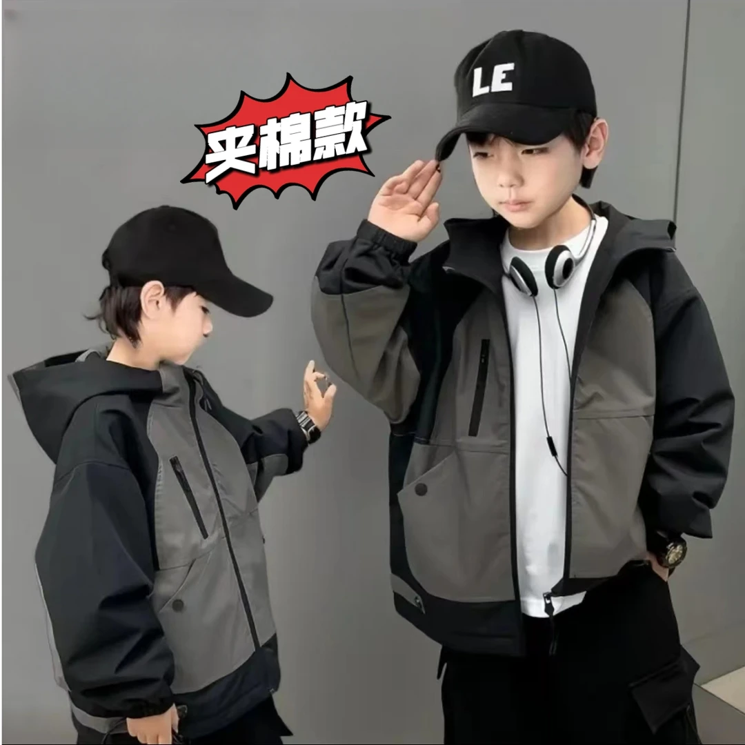 《爆款清仓》男童春季儿童风衣加棉款2025新款中大童连帽衣服男孩