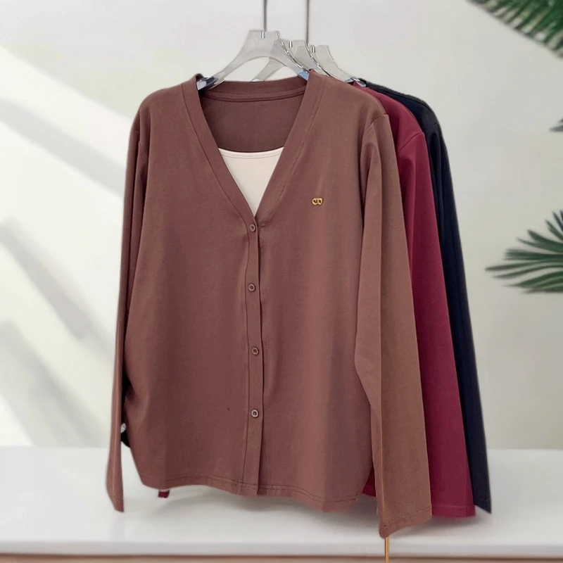 必魅-2024秋冬韩版ins假两件长袖小V高弹T恤6379时尚显瘦遮肚上衣