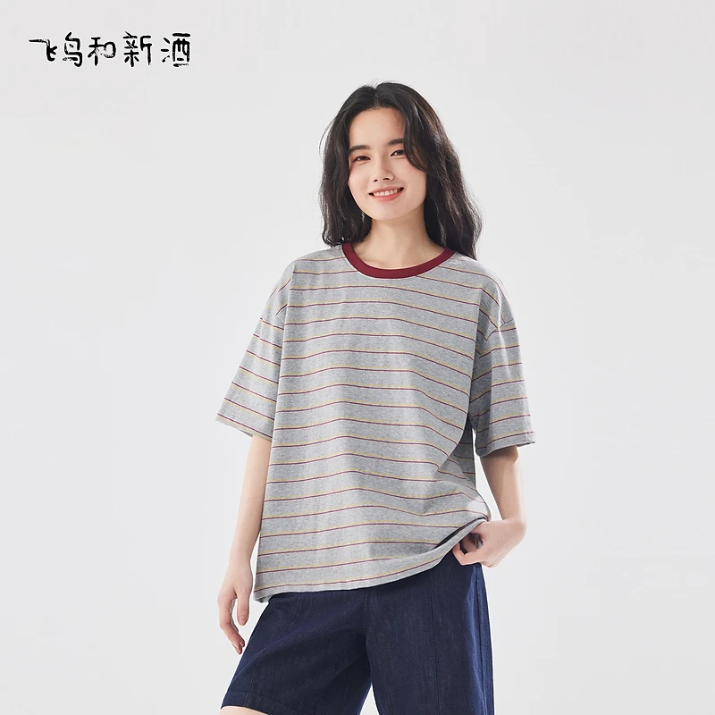 飞鸟和新酒2024春季圆领撞色领条纹短袖T恤上衣女FD410091041