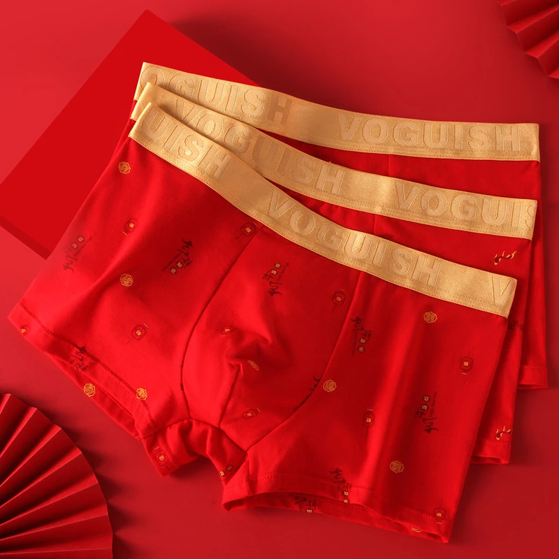 3条装棉本命年大红款纯棉男士内裤透气中腰平角裤红色大码四角裤