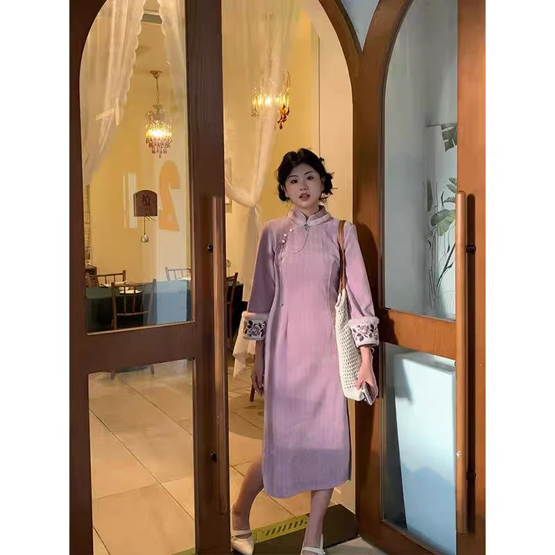（瑞禧）紫色倒大袖刺绣不加绒端庄大气国风改良旗袍气质收腰长裙