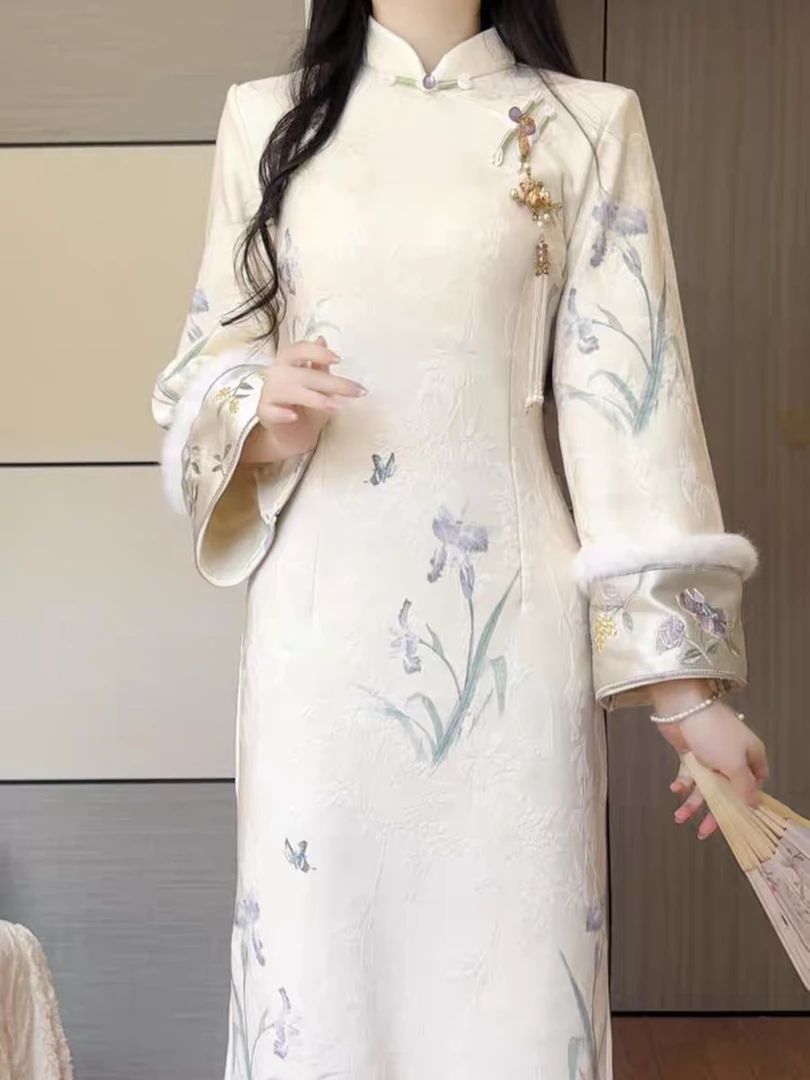 （紫鸢）加绒倒大袖刺绣旗袍不是定位花国风旗袍加绒提花新中式