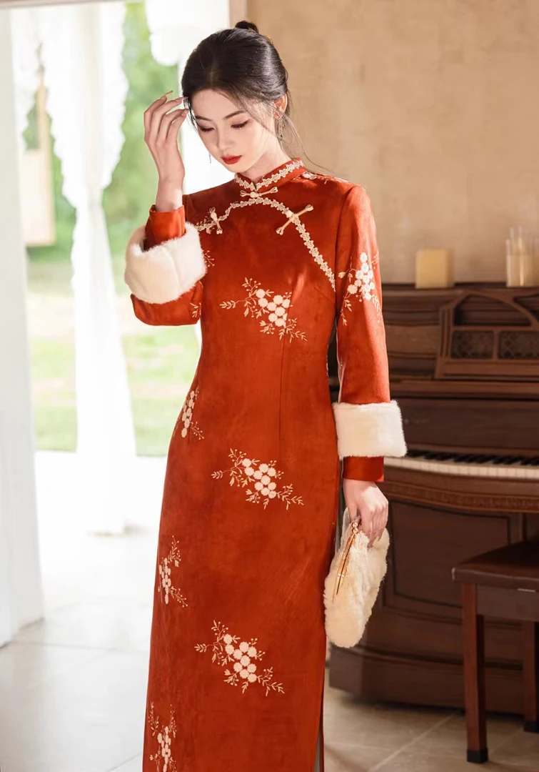 （芸卿）加绒倒大袖双袖复古文艺长款绣旗袍温柔中国风旗袍