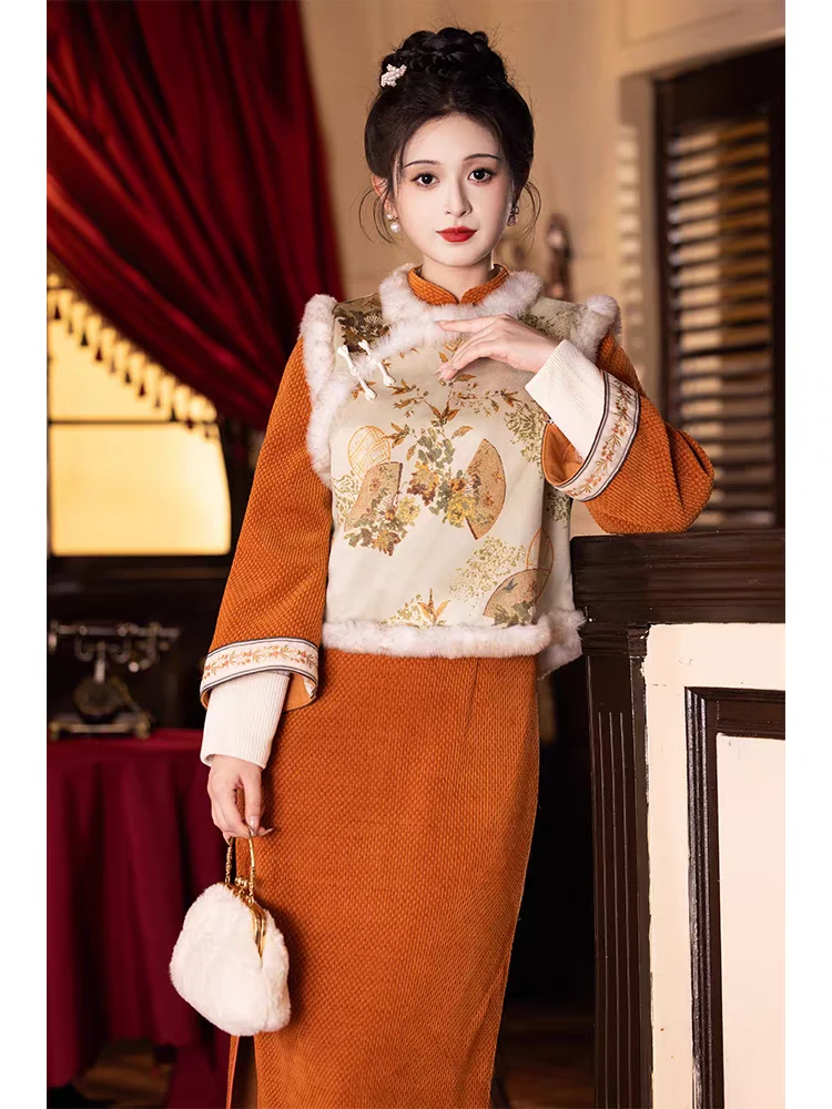 （月庭上）绿色旗袍改良新中式年轻款长袖加厚小个子