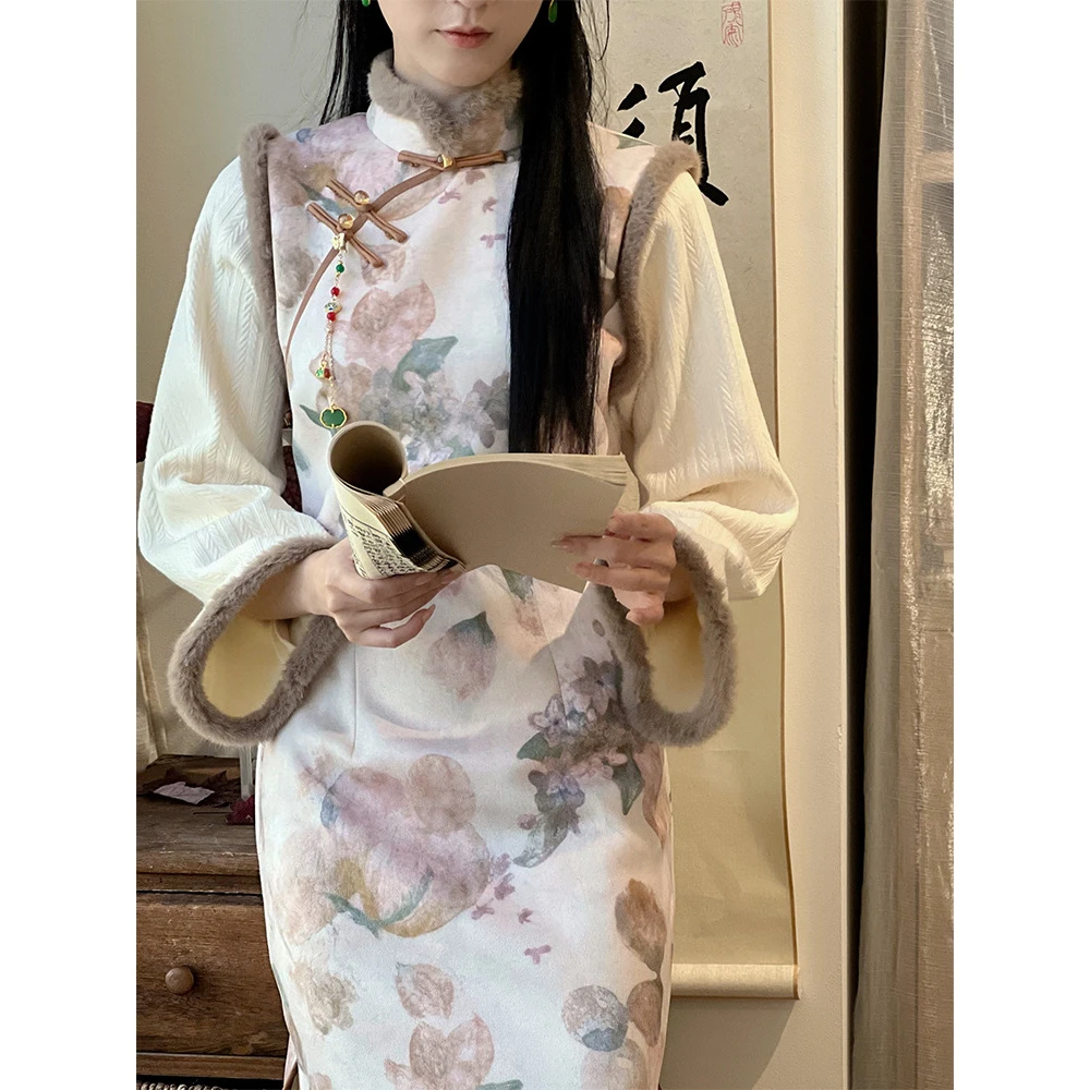 「舟上烟」复古冬季旗袍麂皮绒加绒加厚新中式女改良日常中国风民国