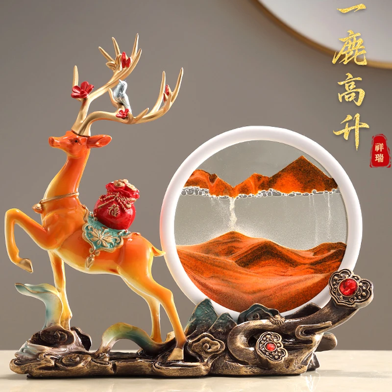 中式鹿解压沙漏流沙画摆件客厅玄关酒柜电视柜装饰品乔迁新居礼物