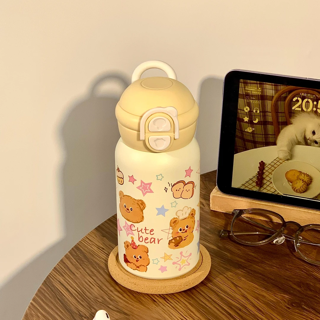 可爱小熊保温杯大容量316不锈钢杯子带吸管学生高颜值水杯手提