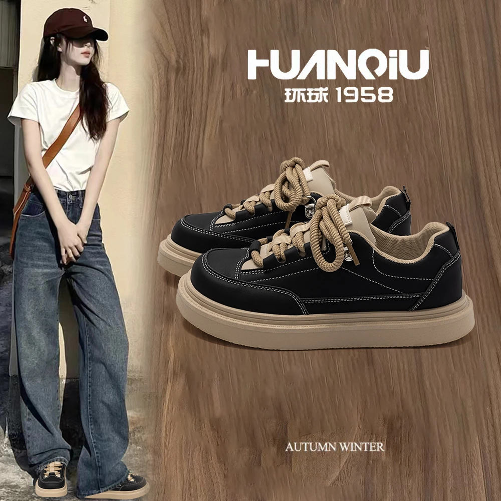 HUANQIU/环球黑卡简约高颜值休闲百搭板鞋女鞋2024秋季新款增高鞋