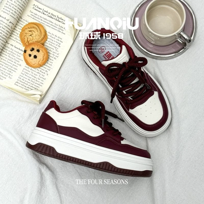 HUANQIU/环球厚底增高皮面酒红高颜值板鞋女性小众校园风学生休闲