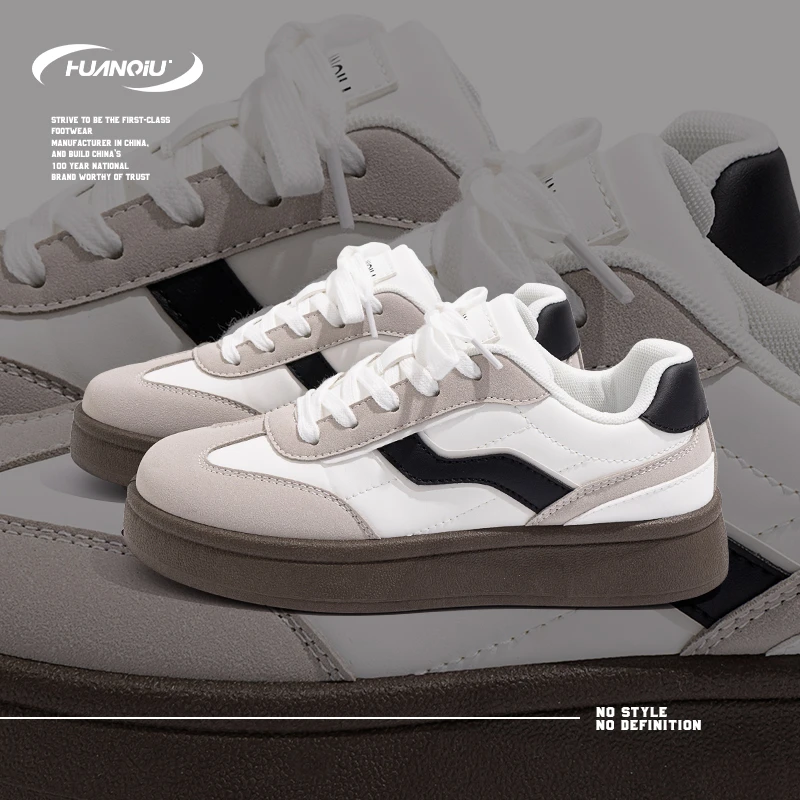 HUANQIU/环球白黑舒适轻便百搭复古校园风潮流厚底增高运动休闲鞋