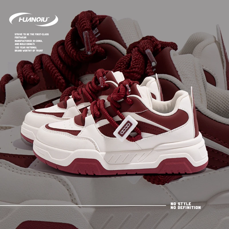 HUANQIU/环球酒红色运动女鞋高颜值潮流厚底增高防滑耐磨运动休闲