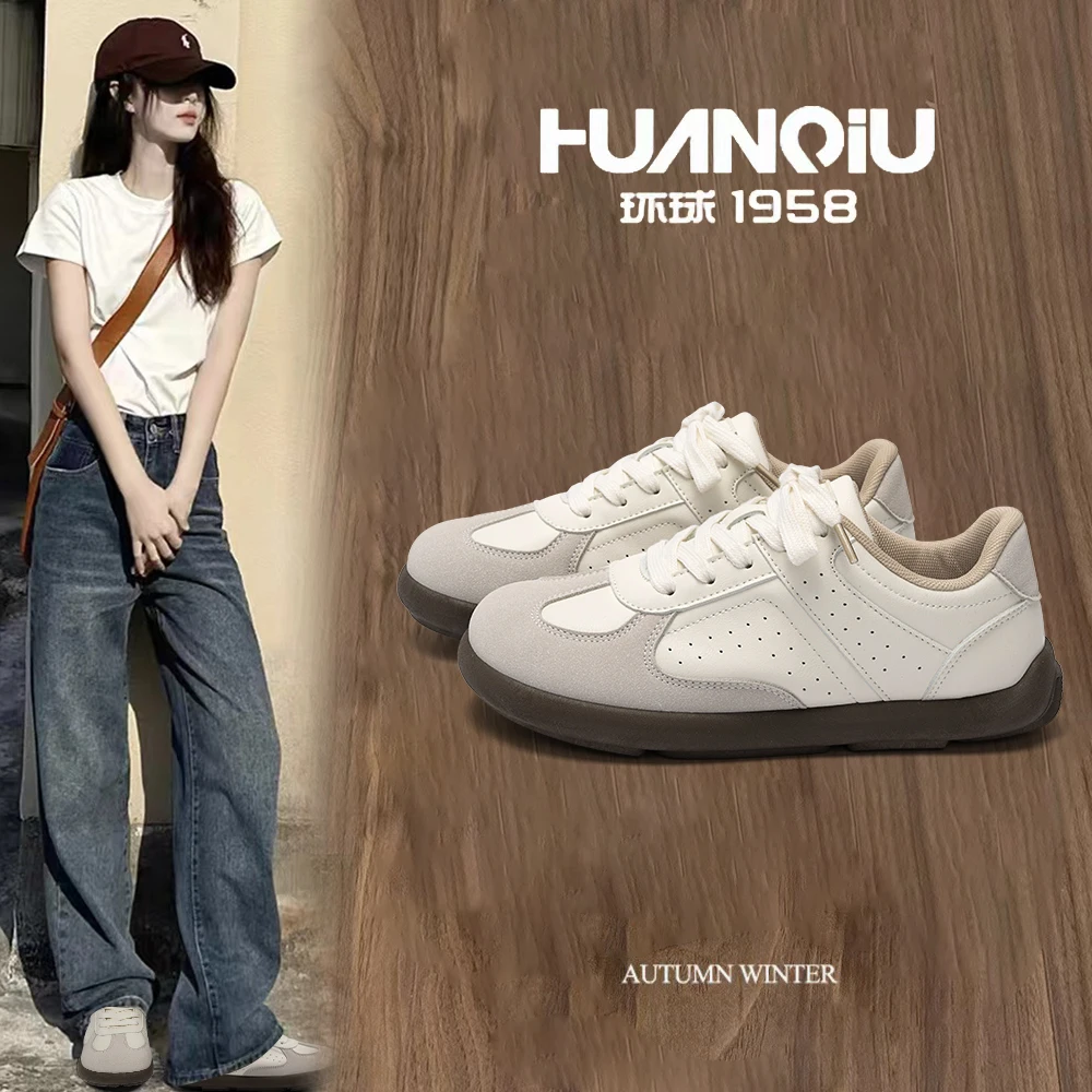 HUANQIU/环球米灰皮面轻便简约百搭板鞋女鞋2024秋季新款舒适鞋女