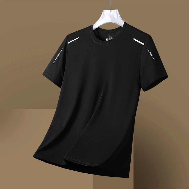 冰丝t恤男圆领速干衣短袖夏季薄款透气半袖大码上衣男运动宽松潮