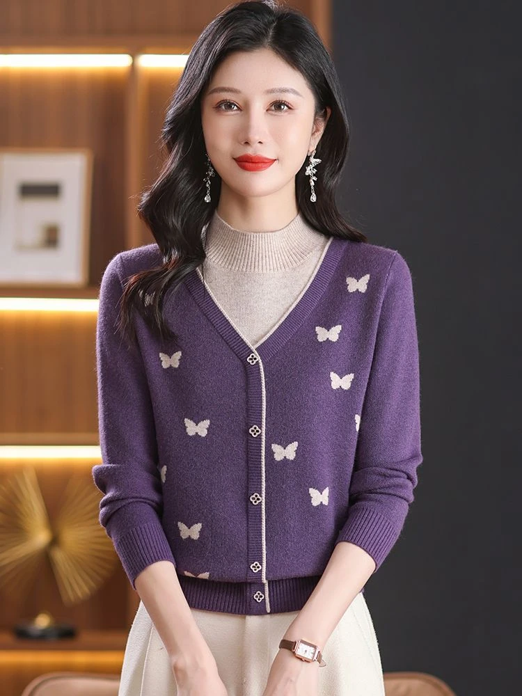 2024新款秋冬女士半高领假两件打底外穿洋气显瘦提花内搭时尚