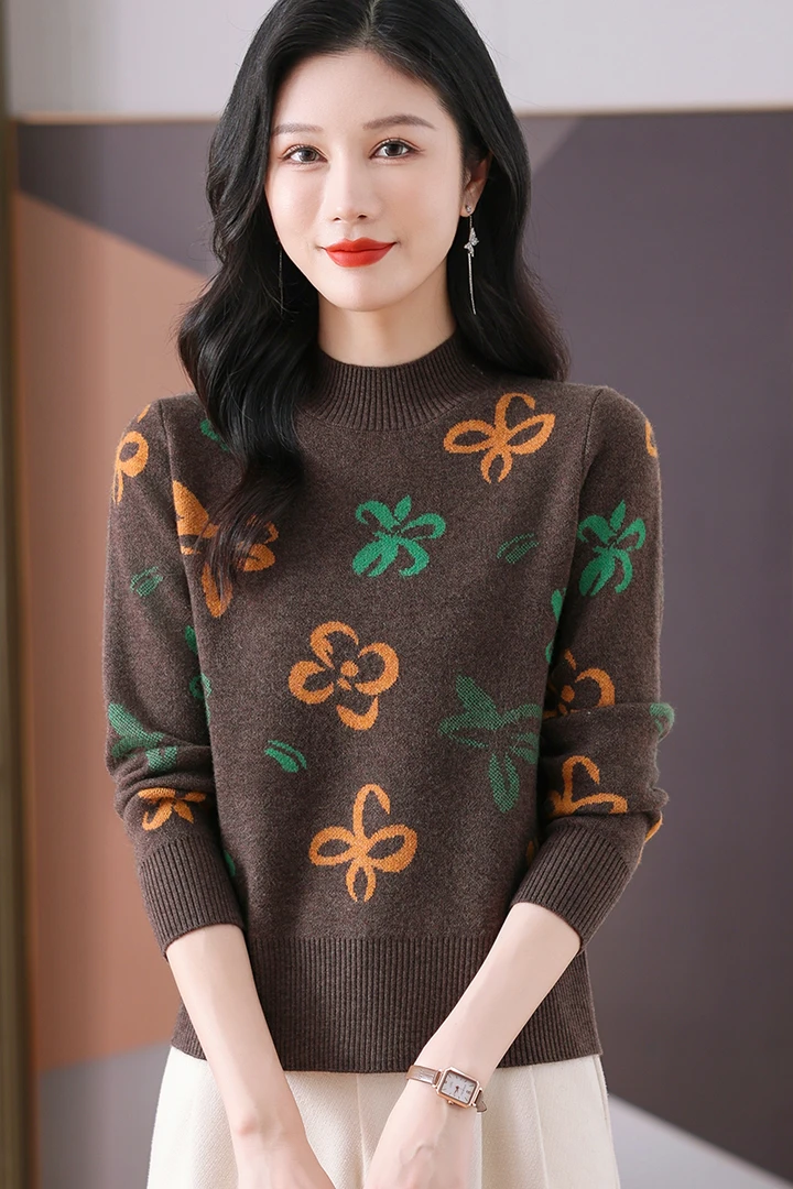 2024新款冬季女士半高领毛衣保暖洋气时尚宽松显瘦提花打底内搭