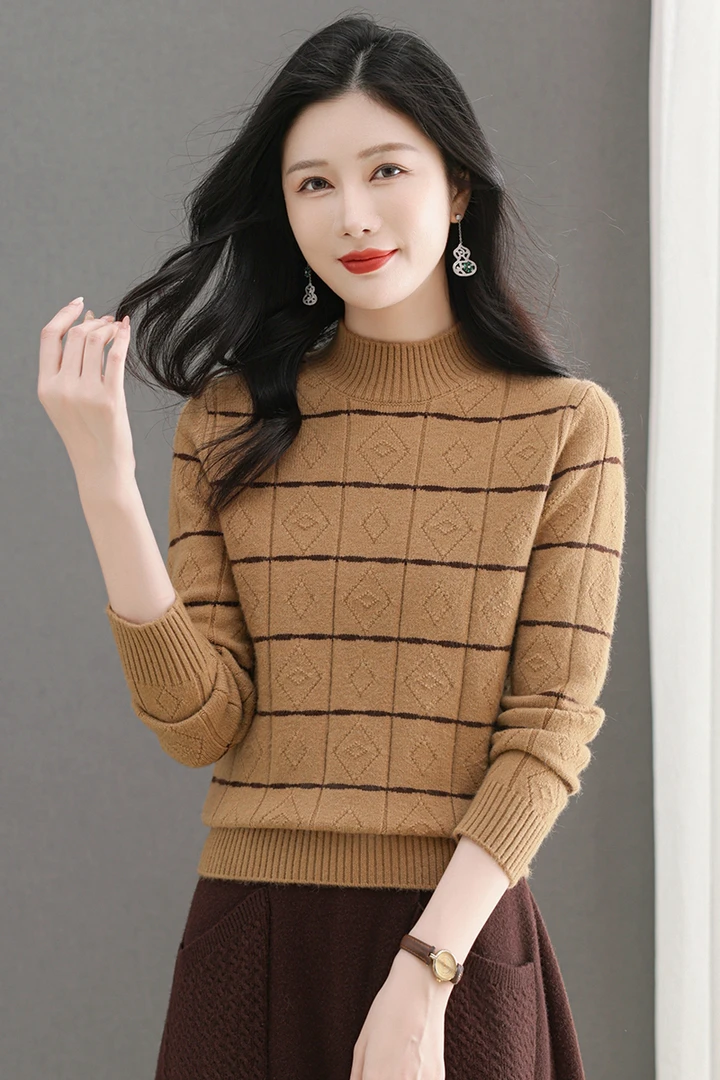 2024新款冬季女士半高领毛衣加厚保暖洋气宽松显瘦条纹打底针织