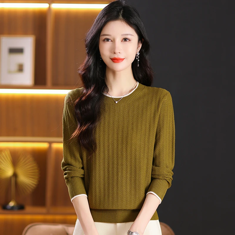 2024新款秋冬圆领女装长袖洋气时尚百搭针织显瘦宽松上衣打底
