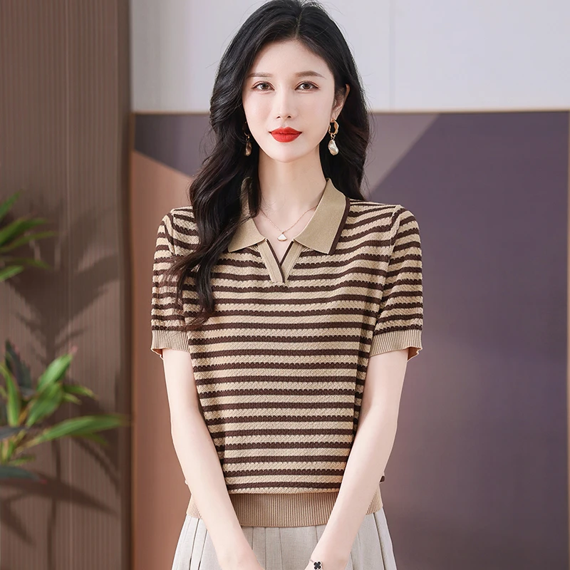 【天丝】新款夏季翻领女士短袖T恤洋气时尚薄款宽松条纹显瘦