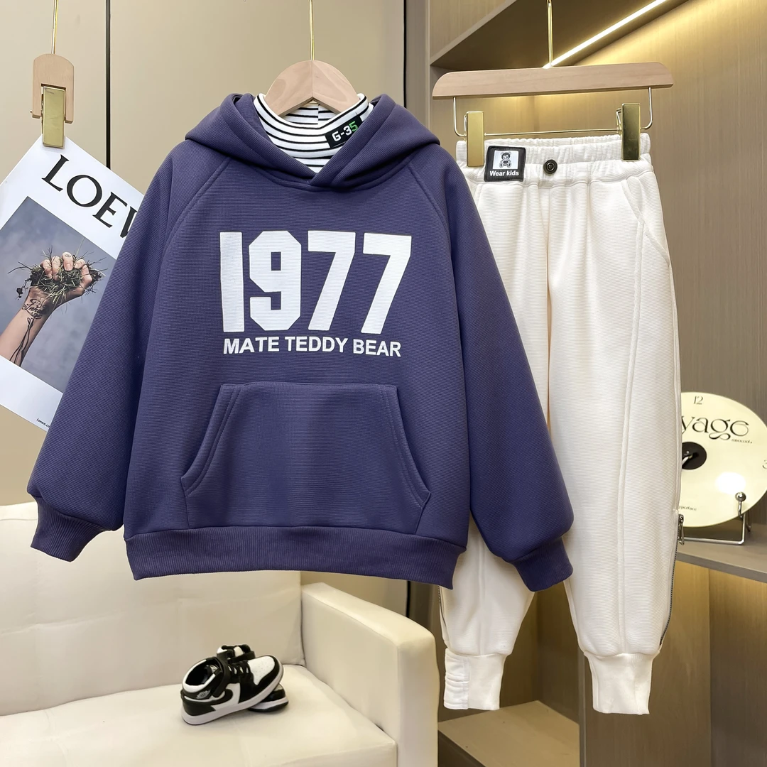 儿童中大童连帽加绒印花休闲时尚韩版百搭秋冬套头卫衣新款X266