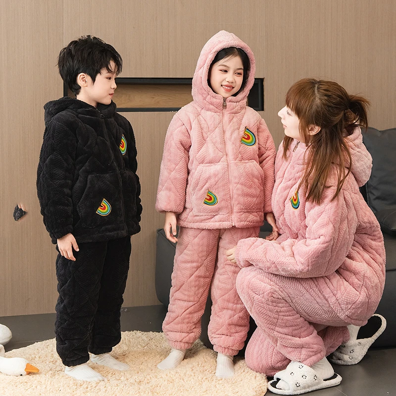 儿童睡衣冬加厚加绒男童睡衣冬款亲子超厚三层夹棉睡衣儿童中大童