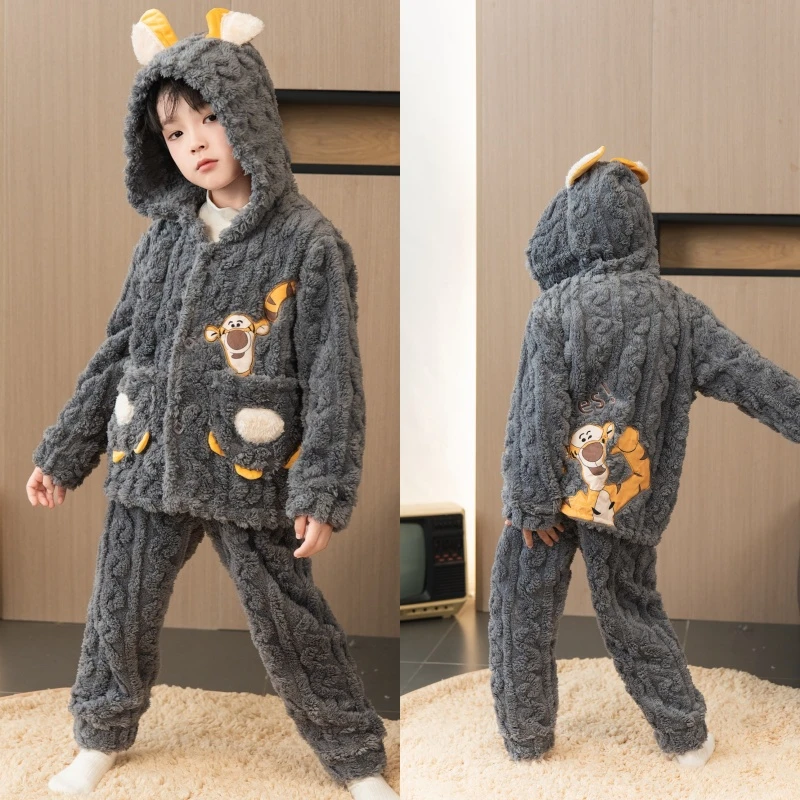 xiaodingwa/小叮蛙儿童睡衣秋冬男童法兰绒珊瑚绒套装加厚男孩