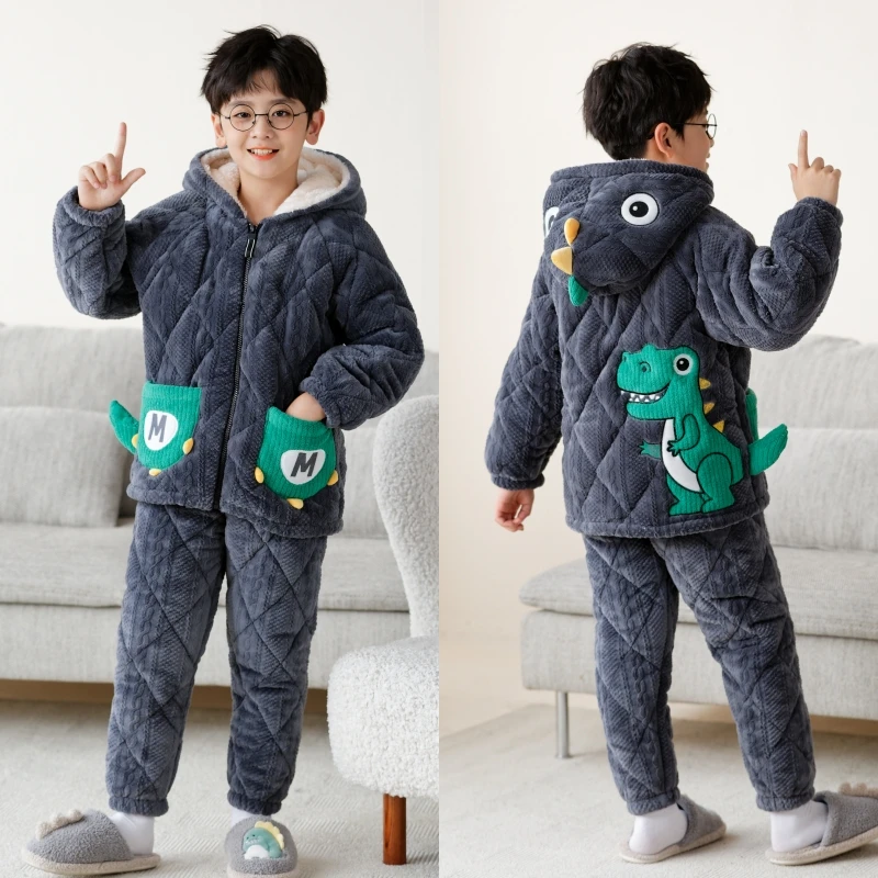 男童冬季睡衣三层夹棉加厚中大童男孩绒加绒保暖法兰绒家居服小孩