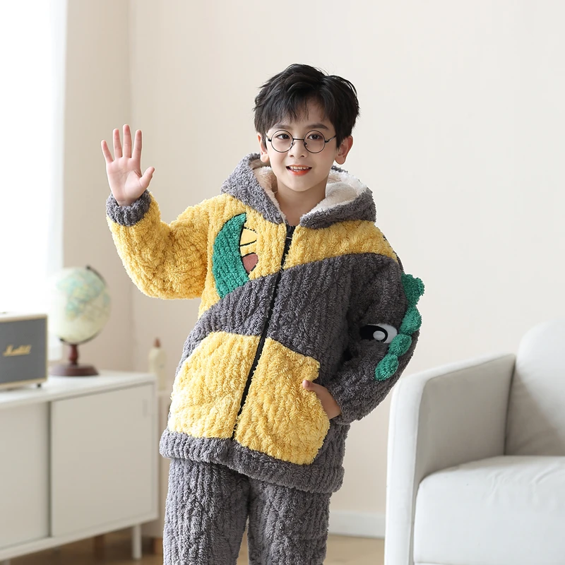 儿童睡衣男童男孩冬季三层夹棉加厚款珊瑚绒卡通家居服法兰绒保暖