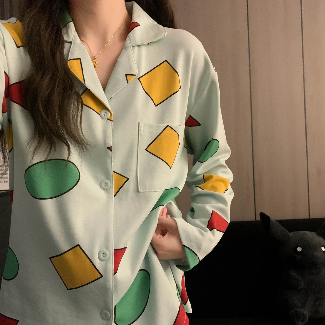 日系蜡笔小新同款情侣装睡衣女款春秋季天家居服男士大码长袖套装