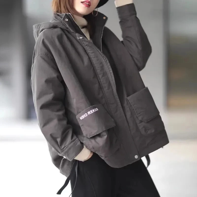 夹棉加厚工装外套女士2025秋冬新款短款小个子设计感小众连帽棉衣