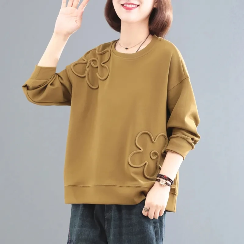 长袖圆领薄款卫衣女士2025春季新款韩版宽松时尚大码遮肉休闲上衣