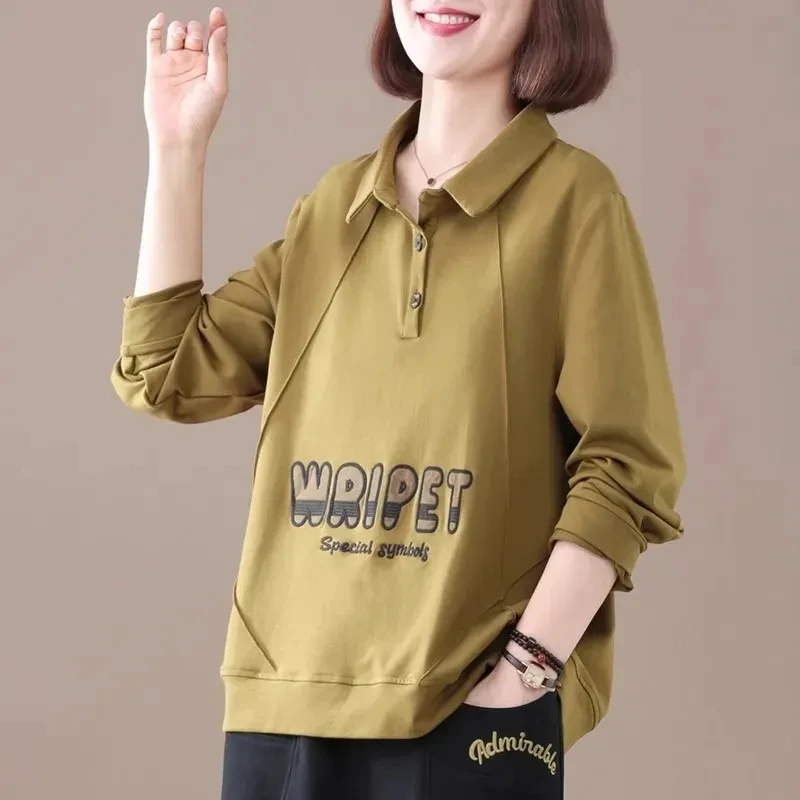 纯棉Polo领洋气女2025春秋新款韩版大码遮肉套头字母刺绣长袖上衣