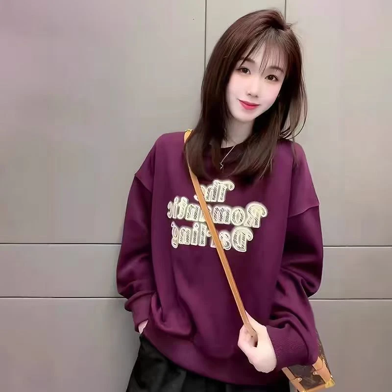 Y335紫色英文字母印花长袖时尚休闲宽松圆领