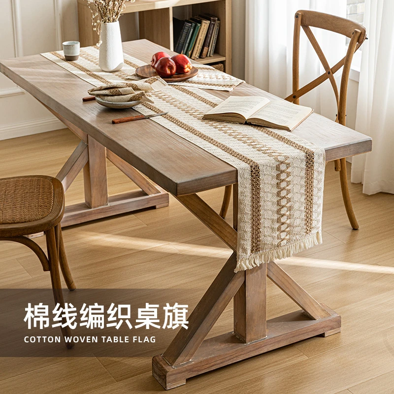 美式ins风镂空桌旗双色编织流苏餐桌茶几盖巾仿棉麻家用长条桌布