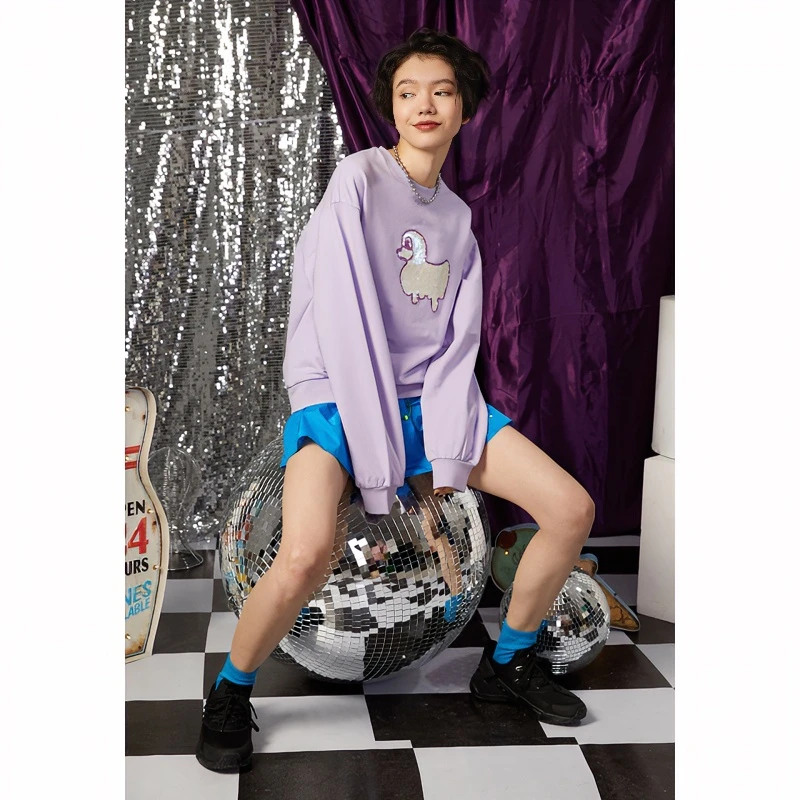 【PANCOAT】女生休闲卡通亮片小鸭子圆领套头卫衣上衣