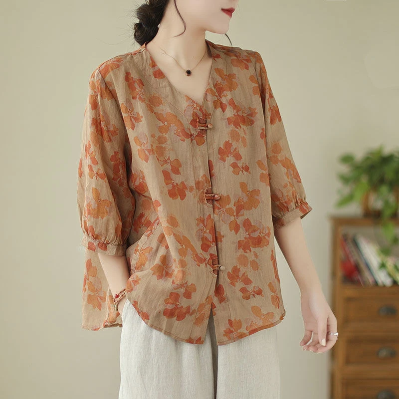 复古新中式文艺印花衬衫女士夏宽松棉麻盘扣衬衣减龄洋气上衣小衫
