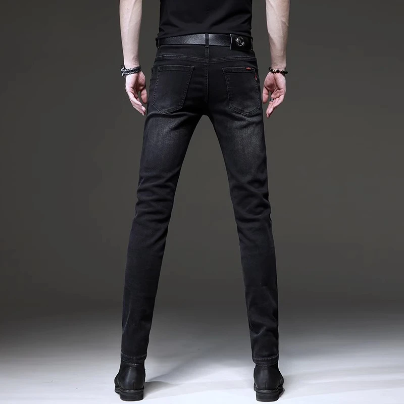 GOOMIL LEE秋冬季高端复古黑色牛仔裤男加绒加厚修身弹力休闲长裤