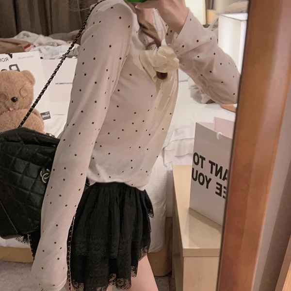 Yukiss直播圆领一字肩两个版型小波点软糯T恤上衣 波点软糯TA4088