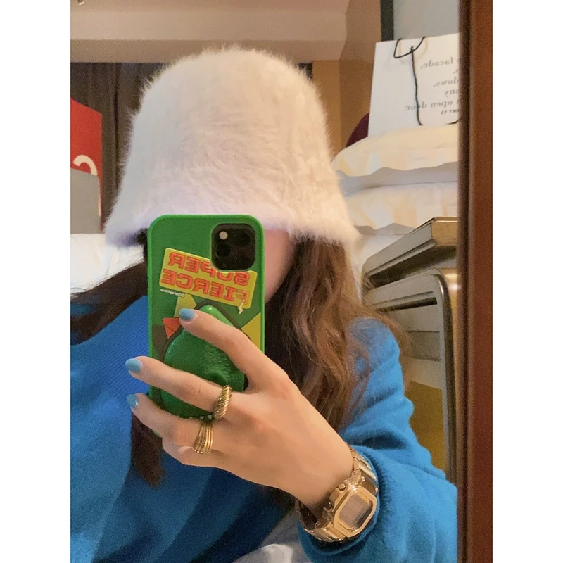 YUKISS直播【白色毛毛盆帽】小众女冬毛绒（软糯兔毛渔夫帽A1958）