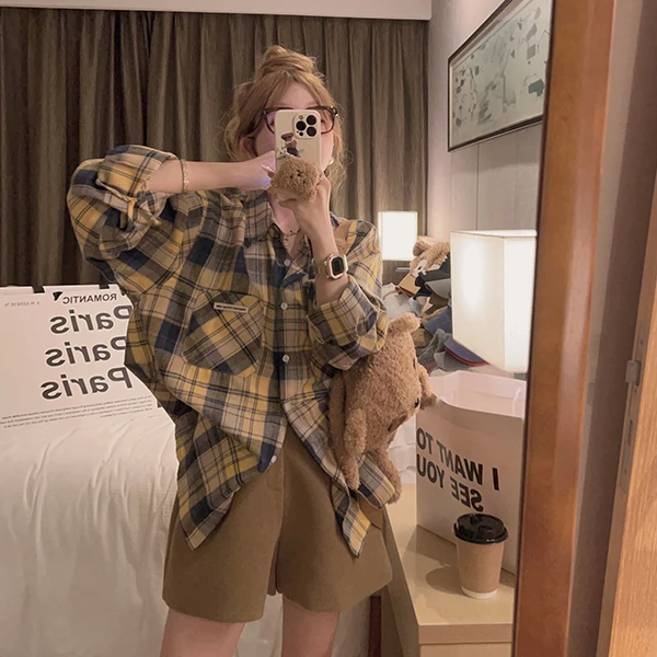 Yukiss直播多巴胺配色！两色都很显白的磨毛格子衬衫格子衬衫A4662