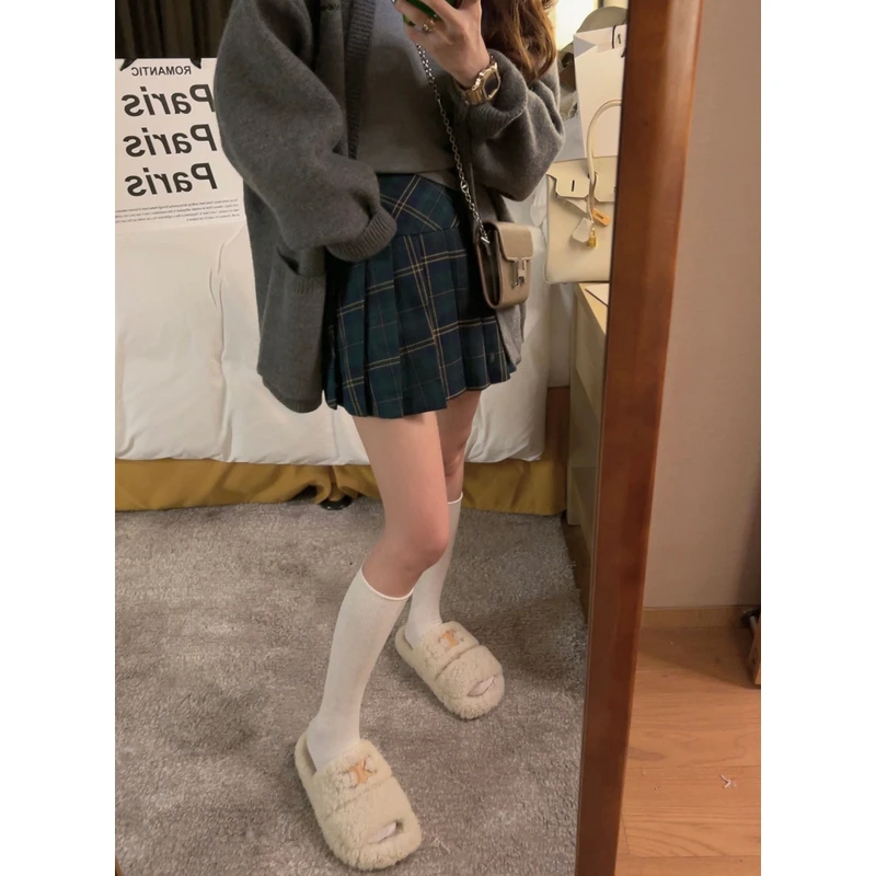 Yukiss直播 女团风系列墨绿格纹百褶半身短裙（墨绿半身短裙A2574）