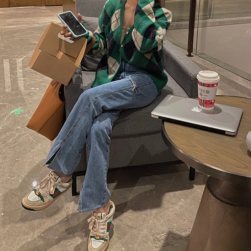 YUKISS 直播开叉牛仔裤高腰直筒女 短开叉版破洞开叉牛仔裤A1524