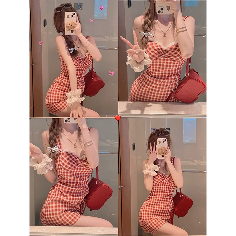 Yukiss直播【蕾丝拼接红白格纹无袖连衣裙】格纹无袖连衣裙A4477
